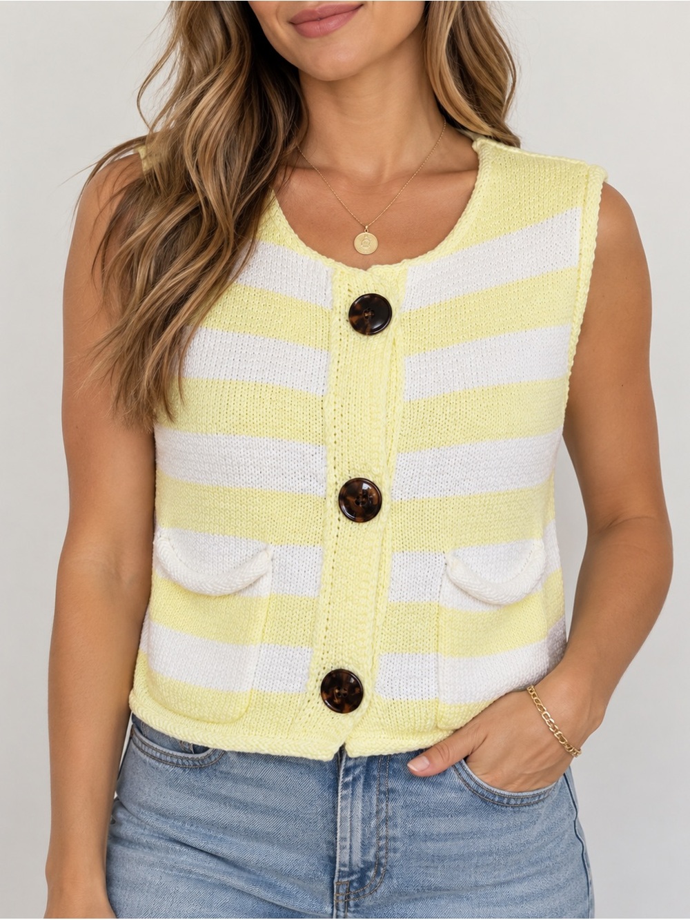 House of Harlow 1960 Yellow White Striped Cotton Knit Sweater Vest Size S